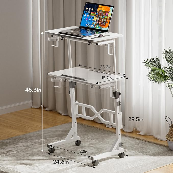 Small Standing Desk with Wheels 29.5-45.3 Inch Adjustable Height Portable Treadmill Desk Rolling Computer Table for Walking Pad with a Cup Holder and a Hook