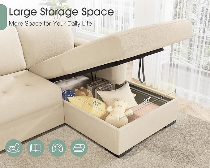 VanAcc 96 Sofa Bed Couch with Storage Chaise Convertible Sleeper Sofa Sleeper Couch with Pull Out Bed for Living Room(Beige)