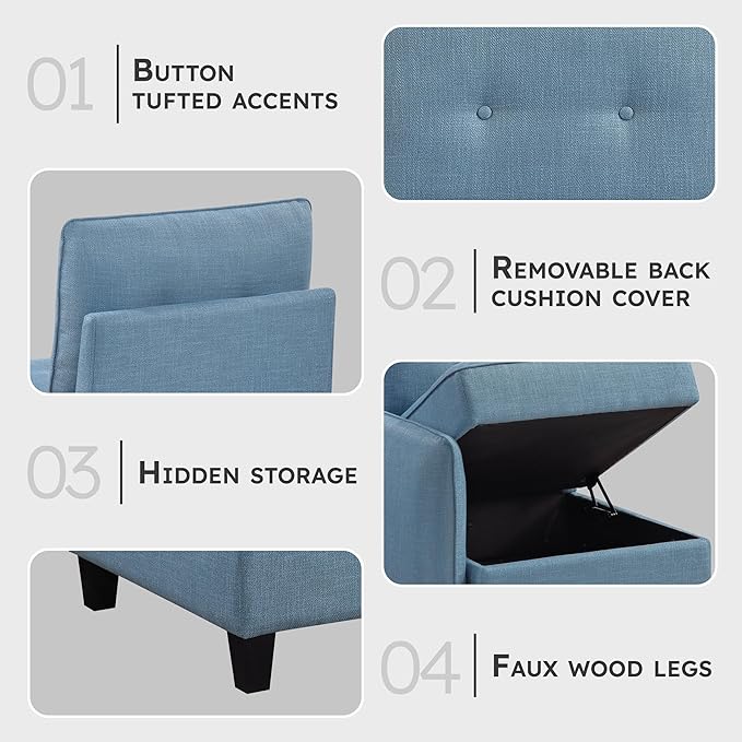 Lexicon Modern Loveseat with Hidden Storage Textured Fabric Modular Love Seat with Button-Tufted Design Reversible Back Cushion for Living Room/Bedroom/Office Blue