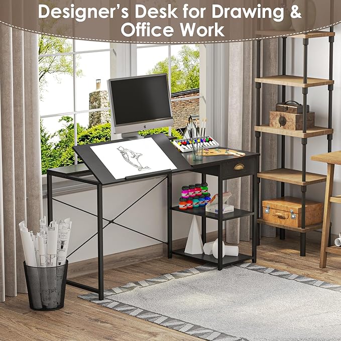 X-cosrack Drafting Table with Storage Shelves &amp Drawer 43 Adjustable Art Desk with Monitor Stand for Home Office Computer Tiltable Draft Drawing Table for Artist Study Writing Workstation Bl