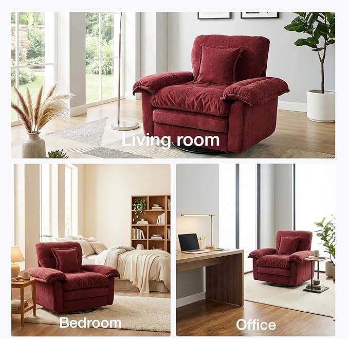 360° Swivel Accent Chair Oversized Plush Modern Chenille Armchair with Padded Seat &amp Back Comfy Spinning Chair for Living Room Bedroom Office (Red)