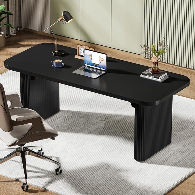 Tribesigns 62-Inch Modern Executive Desk Wood Office Desk Large Aesthetic Computer Desk with Double Pedestal Workstation for Home Office (Black)