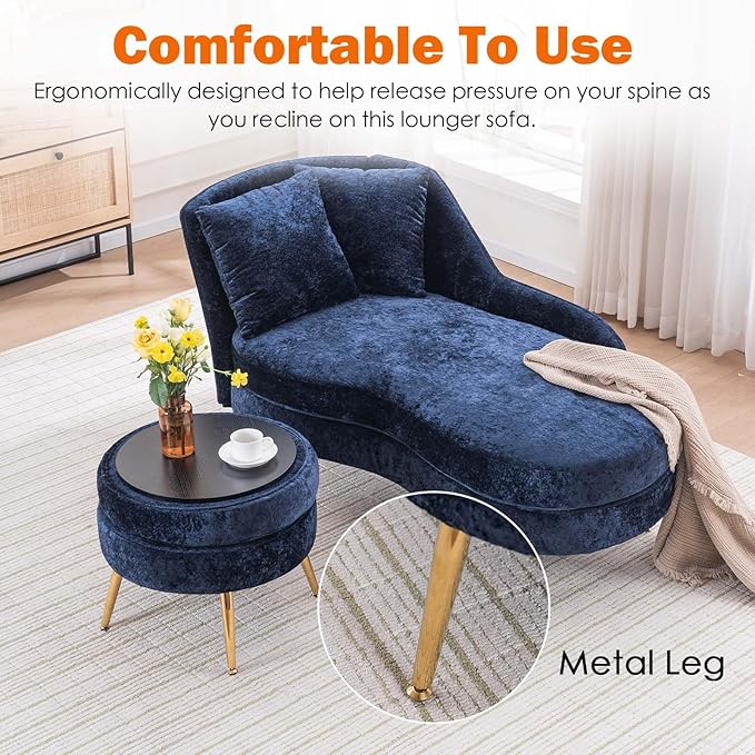 Chaise Lounge Chair Indoor Chenille Upholstered Chair with Left Armrest &amp Pillow Modern Lounge Chairs Sofa with Footstool for Living Room Bedroom Office (Blue)