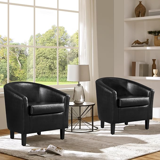 Yaheetech Barrel Chairs Set of 2 Faux Leather Club Armchairs PU Leather Accent Chairs with Soft Padded Seat for Living Room Bedroom Waiting Reading Room Black