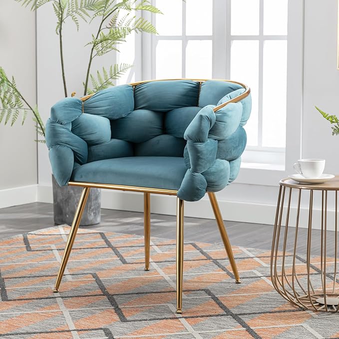 HomVent Makeup Desk Chair Vanity ChairLuxury Knitting Home Office Chair with Arms and Golden Metal Leg for Bedroom Living Room Vanity Dining Room