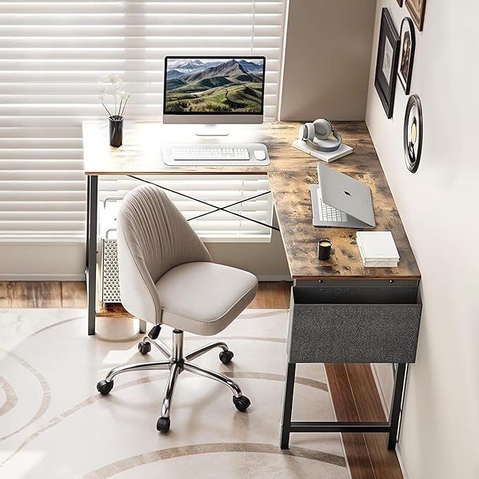 50-Inch Rustic L-Shaped Wooden Tabletop Home Office Desk with Reversible Corner and Metal Frame Including Main Stand and Side Pocket for Gaming Working and Studying