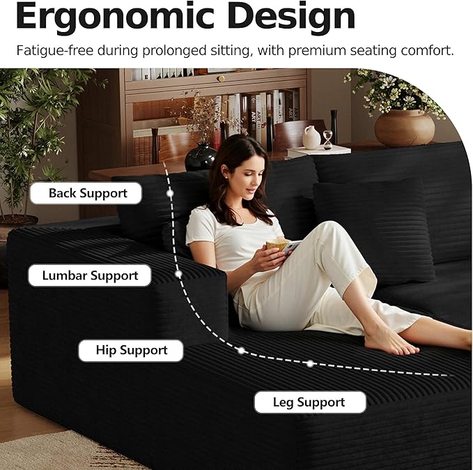 CHORRO108''Sectional Boneless Cloud SofaModern Modular L-Shape Couch for Living RoomCorduroy Convertible Sponge Sleeper SofasUpholstered Lougne Chaise Couchs-with Soft Pillow(BlackLeft Chaise)