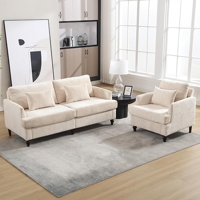 QQU Modern Upholstered Armchair Chenille Fabric Single Armchair with Cushions Living Room Lounge Chair Reading Chair with Solid Wood Frame Suitable for Bedroom Reception RoomBeige