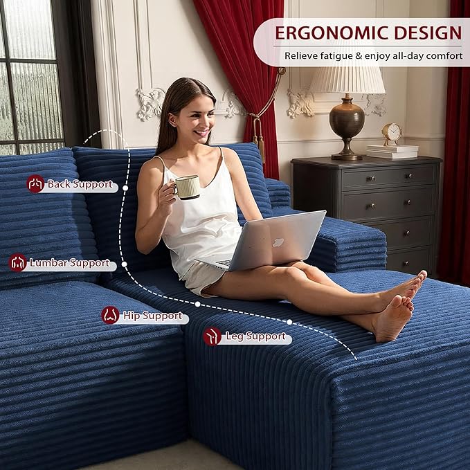 96''Sectional Couches for Living RoomModern Modular Sectional SofaUpholstered Boneless Couch Comfy Cloud Couch with L Shaped Chaise (Blue 96''W Right Facing Chaise)