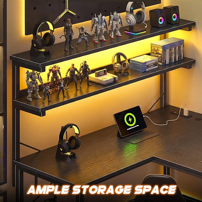L Shaped Desk Gaming Desk with LED Light &amp Power Outlet 43.3 Inch Reversible L Shaped Computer Desk with Shelf &amp Storage Bag &amp Hook for Home Office Black