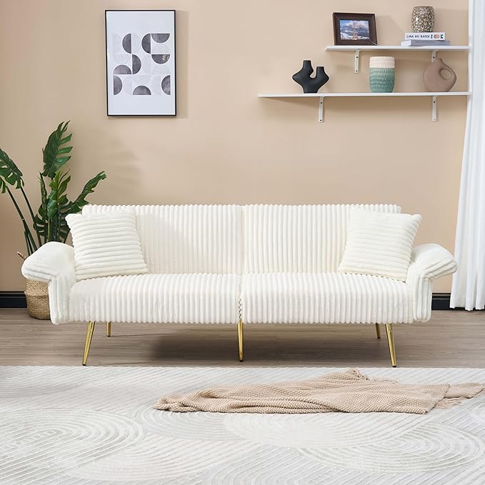 79'' White Futon Sofa Bed Corduroy Upholstered Folding Loveseat Couch with Adjustable Backrest and ArmrestsSleeper Sofa with Gold Metal Legs for Small Space Living Room (White)