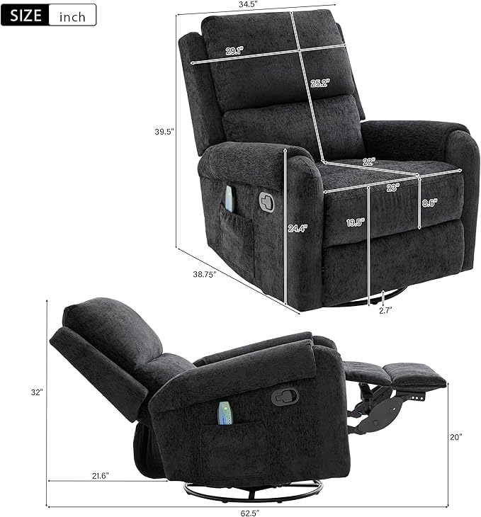 Christopher Knight Home Harper Massage Recliner Chair with 8 Modes Chenille Upholstered Recliner Sofa Swivel Massage Chair with a Side Storage Pocket for Living Room/Bedroom Head Support Black