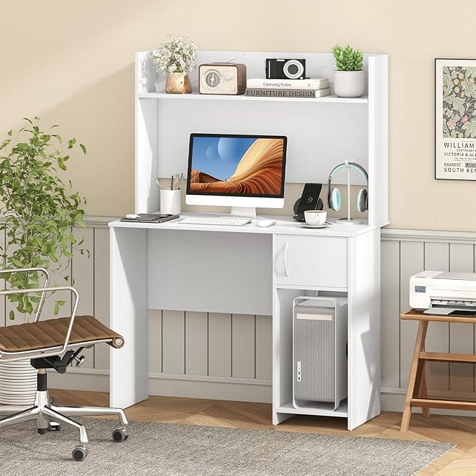 Giantex White Desk with Hutch Small Computer Desk with Bookshelf &amp Adjustable Shelf 2 Cable Holes Modern Laptop PC Computer Workstation Study Writing Desk for Small Spaces Bedroom Home Offic