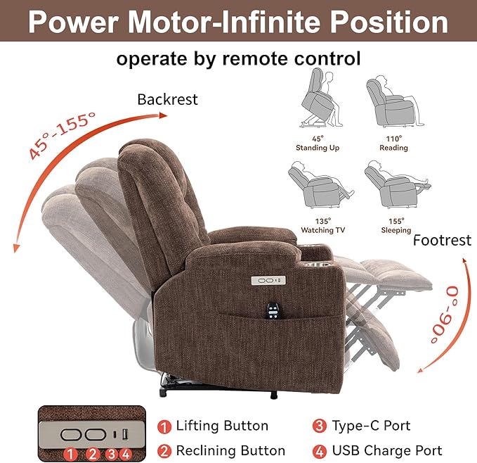 Power Lift Recliner Chair for Eldery Chenille Electric Recliner Chairs with Massage and Heat Remote Control Standing Assistance Lay Flat Recliner Sofa for Living Room Medium-FirmBrown