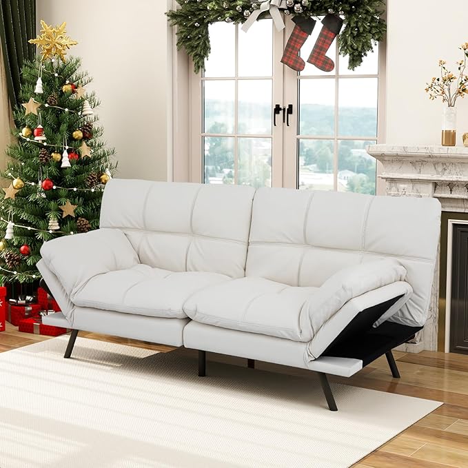 MUUEGM Futon Couch with 71 Adjustable High Density Memory Foam Futon Sofa Bed Modern Design Sofa Bed for Living Room Sleeping and Relaxing(Leather White)