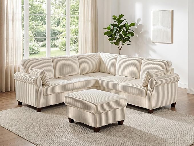 90.6 V-Shaped Modular Sectional Sofa Couch Corduroy Corner Couches with Storage Ottoman 6-Seat Upholstered Oversized Couch Modern Sofa for Living Room Bedroom Apartment Office (Beige)
