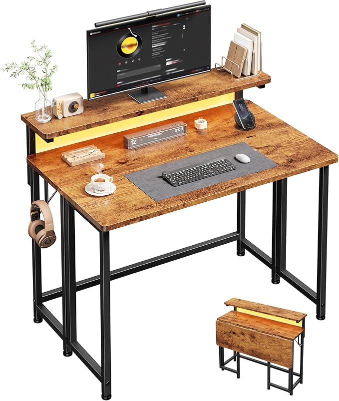 Folding Desk for Small SpaceFoldable Computer Desk with Monitor Stand31.5 Inch Small Desk with LED Lights for Bedroom Home OfficeWriting Work Office Computer Desk with HooksRustic Brown