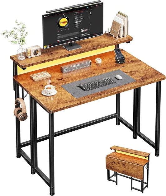 Folding Desk for Small SpaceFoldable Computer Desk with Monitor Stand31.5 Inch Small Desk with LED Lights for Bedroom Home OfficeWriting Work Office Computer Desk with HooksRustic Brown