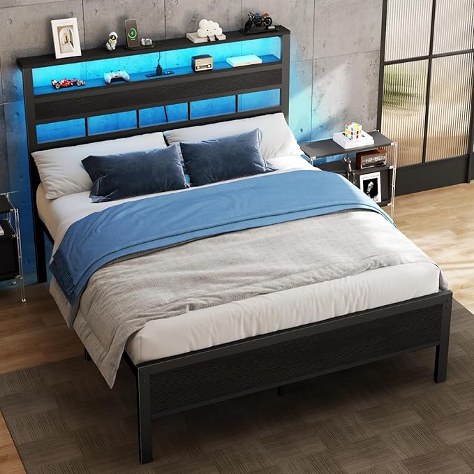 Furnulem Full Size Bed Frame with LED Light and Charging Station Wood Storage Headboard with 2-Tier Shelves Metal Platform Bed with Heavy Duty Slats Support No Box Spring Needed Black Oak