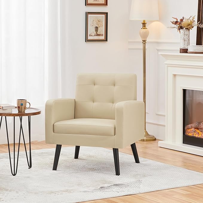 Topeakmart Mid Century Accent Chair Modern and Cozy PU Leather Barrel Sofa Chair with Thick Cushion and Sturdy Wood Legs for Living Room/Bed Room/Office Waiting Area Beige