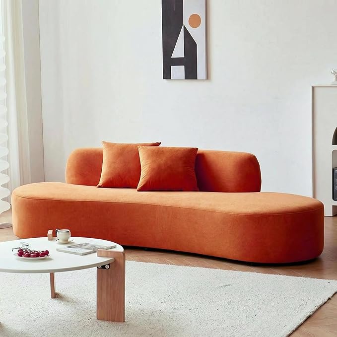 90 Curved Sofa with Throw Pillows 4 Seater Luxury Velvet Couch with Half Moon Design and High-Density Foam Ideal for Modern Living Room Office &amp Apartment Red Orange
