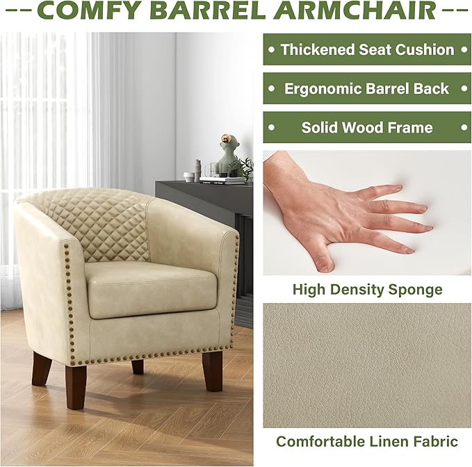 UIXE Faux Leather Accent Chair Barrel Club Chair Upholstered Armchair for Living Room Comfy Modern Round Arm Chair Bedroom Reading Seat - Beige