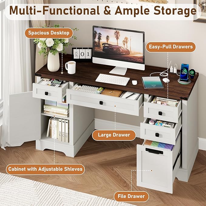 58'' Farmhouse Home Office Desk with Drawers Wooden Executive Desk with Charging Station File Drawers and Storage Cabinet Computer Desk for Work Study and Writing Rustic White