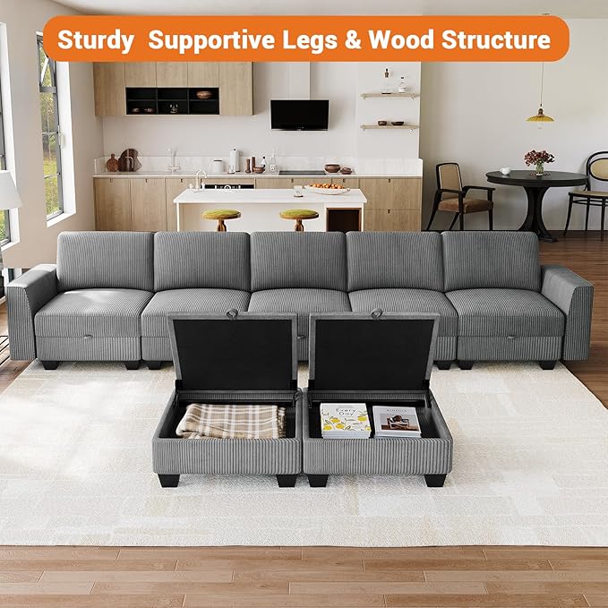 140 Large u Shaped Couch Oversized Modular Sectional Sofa with Storage Ottoman 7-Seater Comfy Combination Sofa Deep Seat Couches for Living Room Corduroy Grey