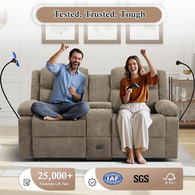 Manual Reclining Loveseat Sofa with Console Chenille Upholstered Couch for RV Living Room Apartment or Office Dual Recliners with Cup Holders Phone Holder Hidden Socket (Camel)