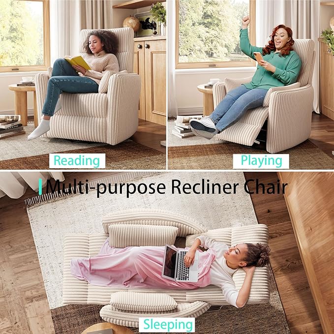 LINSY 360 Swivel Recliner Chair Nursery Glider Rocking Chair with 2 Pillows Corduroy Nursing Chair Comfy High Back Adult Rocker Recliner for Small Spaces Nursery Bedroom Living Room (Beige)