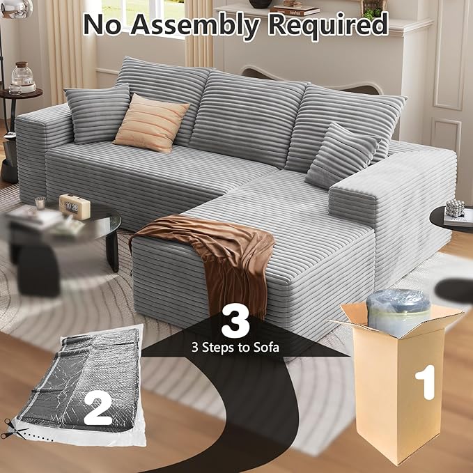 107 Cloud Sectional Couch with L-Shape Chaise Modern Modular Sofa with Deep Seat Corduroy Upholstered Couches for Living Room BedroomNo Assembly Required(Grey Right Facing)