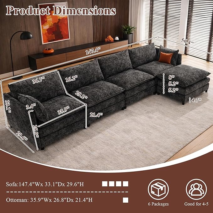 108 U Shaped Couch Comfy Cloud Modular Sectional Sofa with Movable Ottoman Deep Seat Chenille Modern Cloud Sofa Sectional Couches for Living Room Apartment (Gray 4 Seater with 1 Ottoman)
