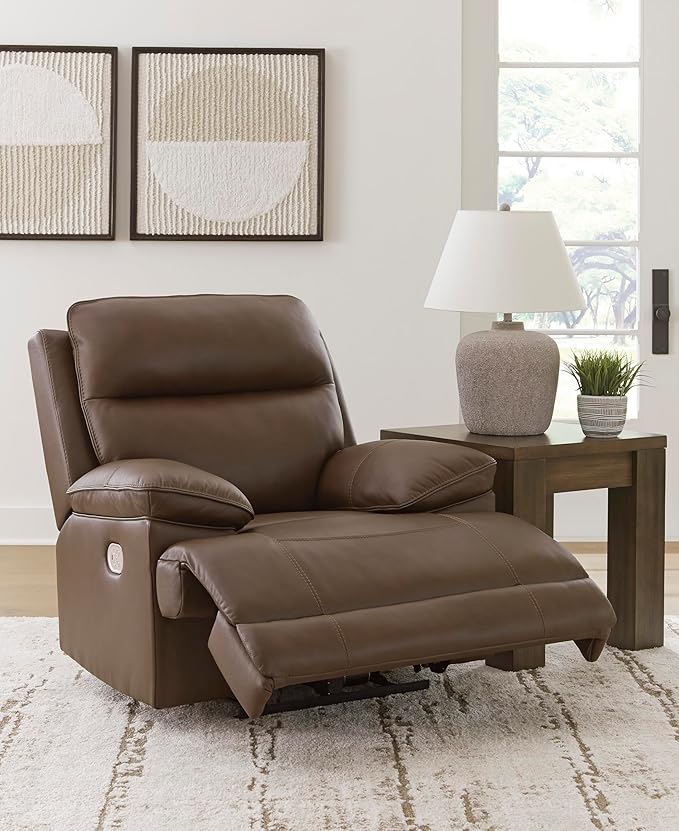 Signature Design by Ashley VonRyan Modern Leather Upholstered Power Recliner with Adjustable Headrest and USB Port Dark Brown