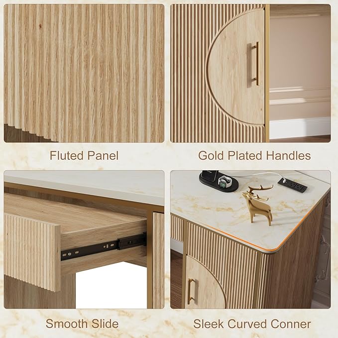 60 Fluted Computer Desk Wooden Long Home Office Writing Desk with Drawer &amp Storage Cabinet Modern Writing Table with Charging Station High Executive Desk for OfficeBedroom Nature Oak