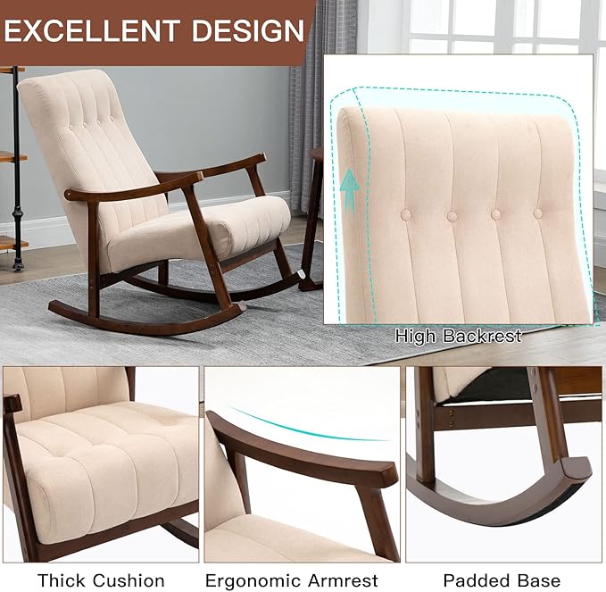 AVAWING Upholstered Rocking Chair with Fabric Padded Seat Comfortable Rocker Solid Wood for Living Room Modern High Back Armchair for Adult Beige