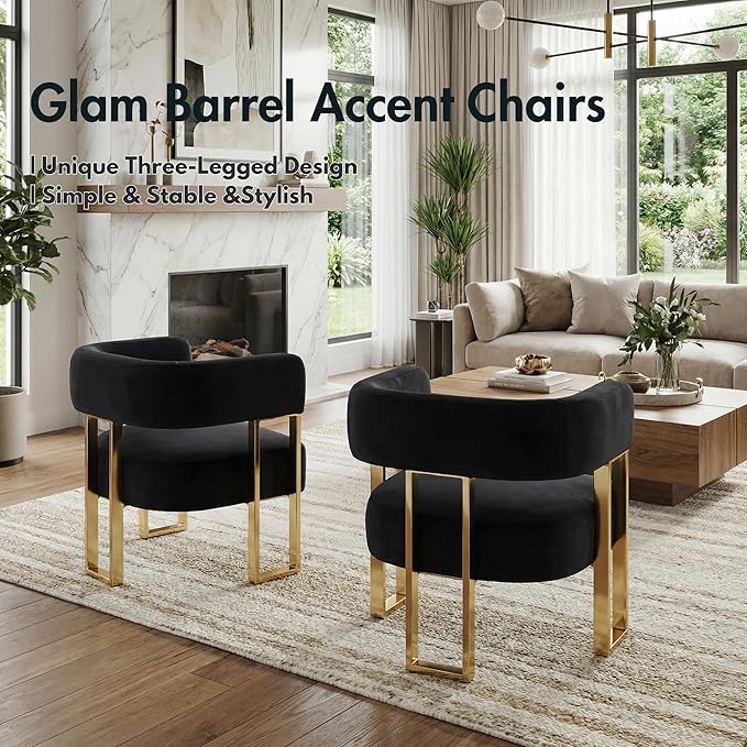 Modern Barrel Accent Chair for Living Room Comfy Velvet Upholstered Armchair with Semi-Open Back Reading Chair Single Sofa Chair with Gold Metal Legs for Bedroom Vanity Reception Black 1 PC