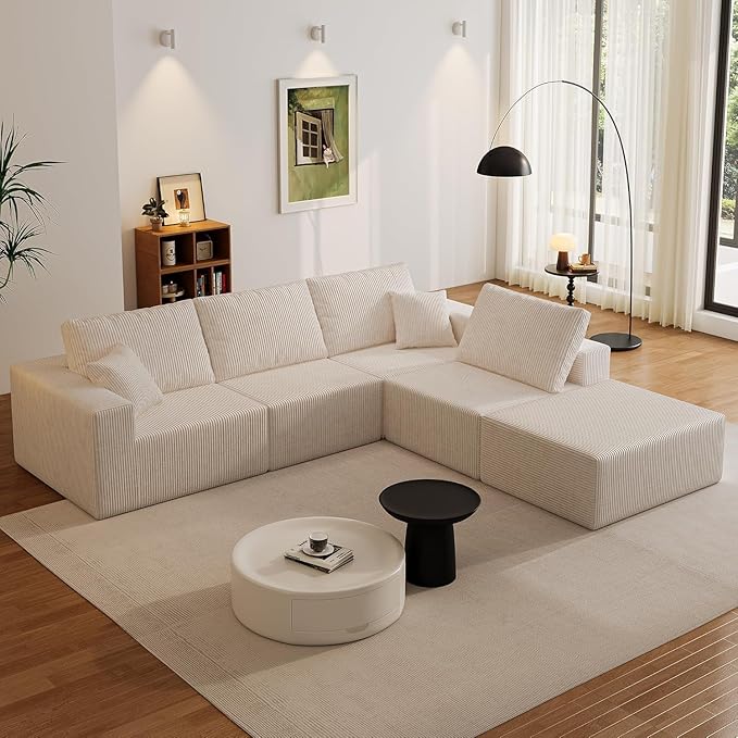 Boneless Cloud Sectional Couch for Living Room Compressed Modular L-Shaped Sofa with Deep Seat Frameless Corduroy Couch in Boxes No Assembly Required Beige Middle