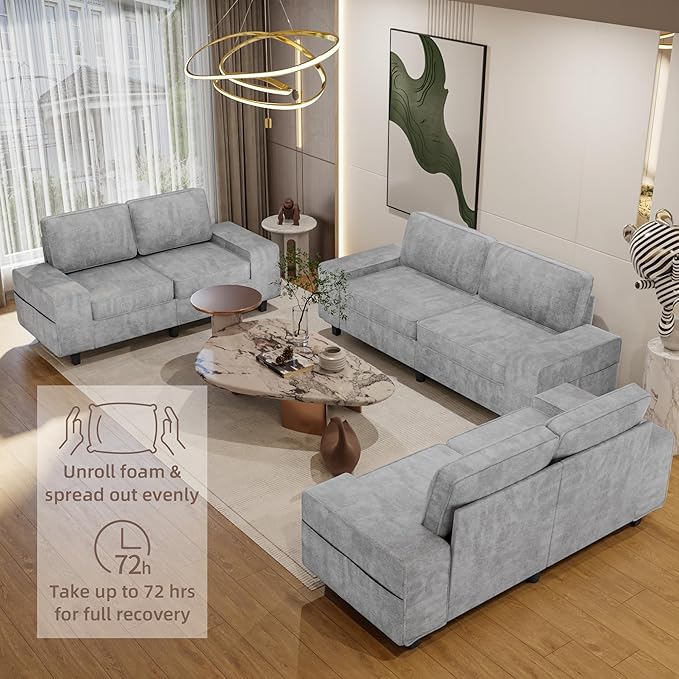 3 Seater Sofa Couch with Deep Seats 84 Mid Century Modern Chenille Fabric Sofa with Armrests Comfy Couches for Living Room Bedroom Apartment and Office