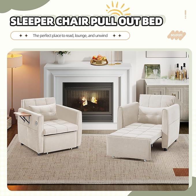 Convertible Sleeper Chair Bed for Adults 90 Extra Long Pull Out Chair Bed w/USB Port Foldable Table &amp Bottom Storage 4 in 1 Single Reclining Sleeper Sofa for Dorm/Bedroom Beige