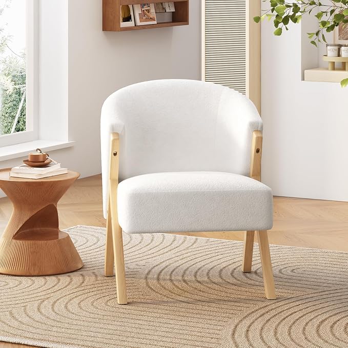 Modern Accent Chair with White Upholstery - Minimalist Lounge Chair for Living Room Bedroom or Office