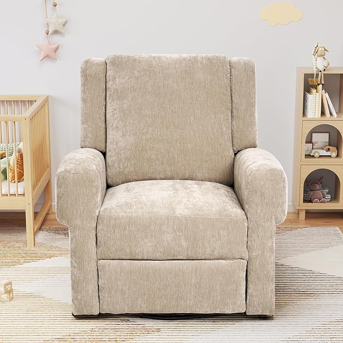 Merax Manual Recliner Chair with Swivel and Rocker 2-Position Chenille Recliner Sofa with Pull Handle Compact Recliner for Living Room Nursery Home Theater Brown