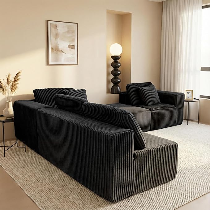 130 Modular Boneless Couch Convertible Sleeper Sofa Corduroy Sectional Sofa for Living Room Modern Cloud Couch with Deep Seat Chaise Comfy Oversize 4-6 Seat No Assembly (Black)