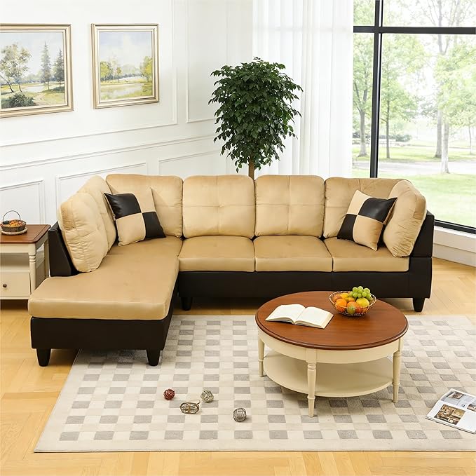 103.5 Inch Modern L-Shaped Couch Flannel Sectional Sofa with Chaise Lounge 4-Seater Couch with Accent Pillows for Living Room Apartment Beige and Brown