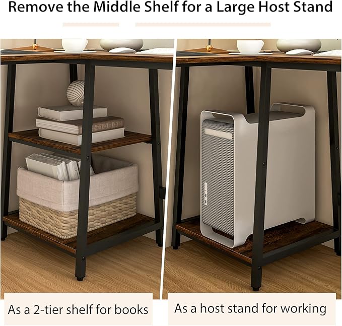 Tangkula 48” L Shaped Computer Desk Corner Study Writing Desk with Outlets &amp USB Ports Home Office Desk Computer Workstation with 2-Tier Shelf Executive Desk (Rustic Brown)
