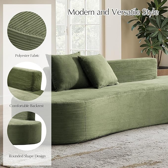 HULALA HOME 94.5 Curved Boneless Couch with Two Pillows Oversized 3 Seater Compressed Foam Sofa with Deep Seat Modern Cloud Couch for Living Room No Assembly Required Green