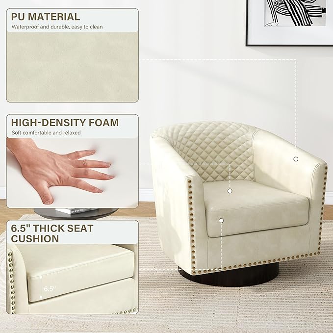 Pia Ricco Faux Leather Swivel Barrel Accent Chairs Set of 2 360° Swivel Round Single Sofa Chair Comfy Upholstered Club Armchair with Nailhead Trim for Living Room/Reading Room/Bedroom Beige