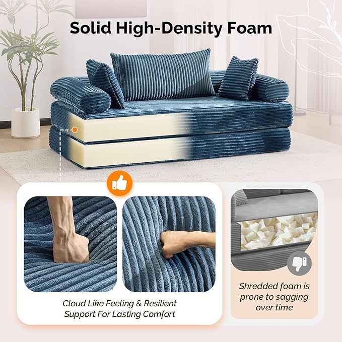 VINGLI Convertible Futon Sofa Bed Upholstered Corduroy Boneless Couch King Size Floor Loveseat Sleeper Sofa with 2-in-1 Throw Pillow Couches for Living Room Bedroom Lounge Navy Blue