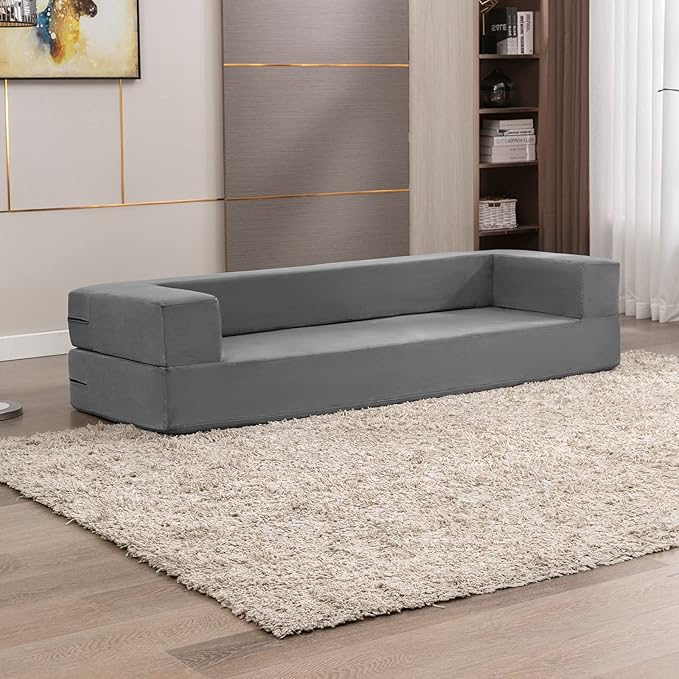 CECER 80 Convertible Floor Sofa BedFolding Sofa Bed with 3 OttomansVelvet Modular Sectional Futon SleeperFoldable Memory Foam Couch for Living Room/Guest Room/Playroom（Light Grey）