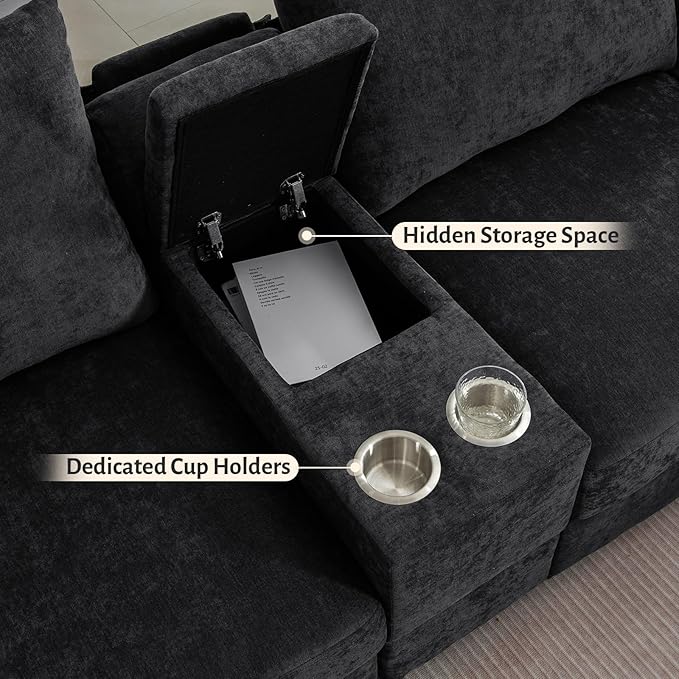 136.4 Modular Sectional Sofa U-Shaped 8 Seater Sectional Sofa with Storage Ottoman Linen L-Shaped Couch Large Cloud Couch with Cup Holders &amp USB for Living Room（Black