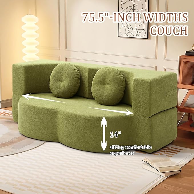 Convertible Folding Sofa Bed 75.5 Boneless Cloud Couch Loveseat Floor &amp Futon Lounge Sleeper Couches Lychee Velvet for Living Room Office Small Spaces No Assembly Required Green